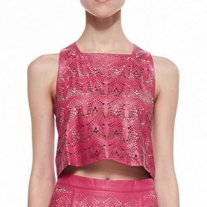 PARKER Kelsey Pink Perforated Laser-cut Square Neck Leather Crop Top XS